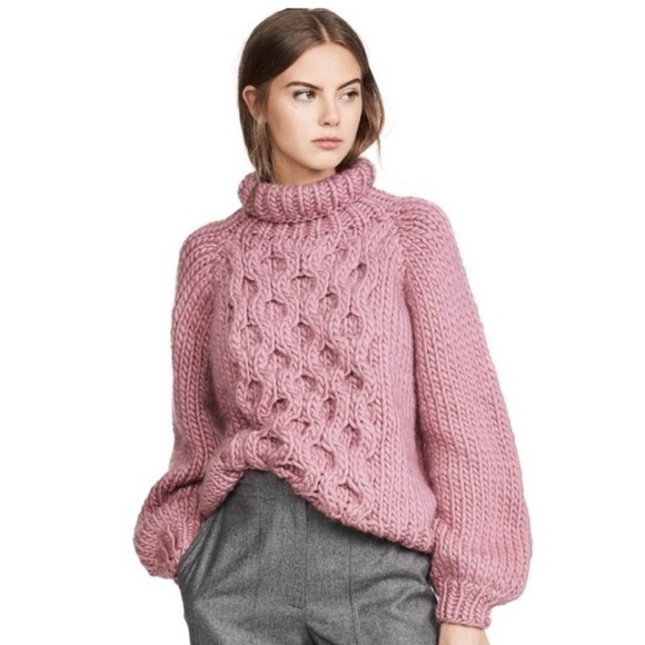 I Love Mittens Chunky Knit Turtleneck Sweater Pink Small